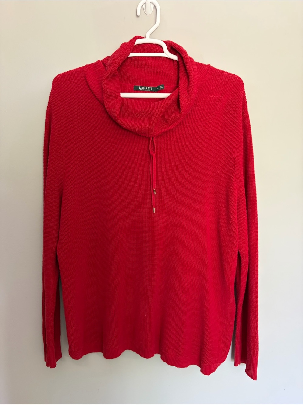 Lauren Ralph Lauren Waffle Knit Top Size 3X Red Cowl Neck Thermal Pullover LRL